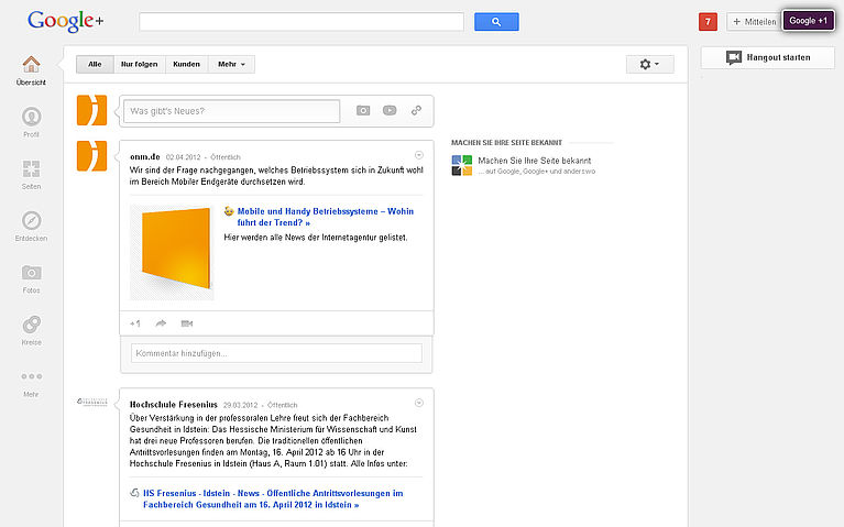 Redesign im Social Network Google+, das Profil der Internetagentur ONM aus Koblenz