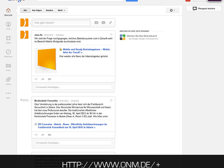 Redesign im Social Network Google+, das Profil der Internetagentur ONM aus Koblenz