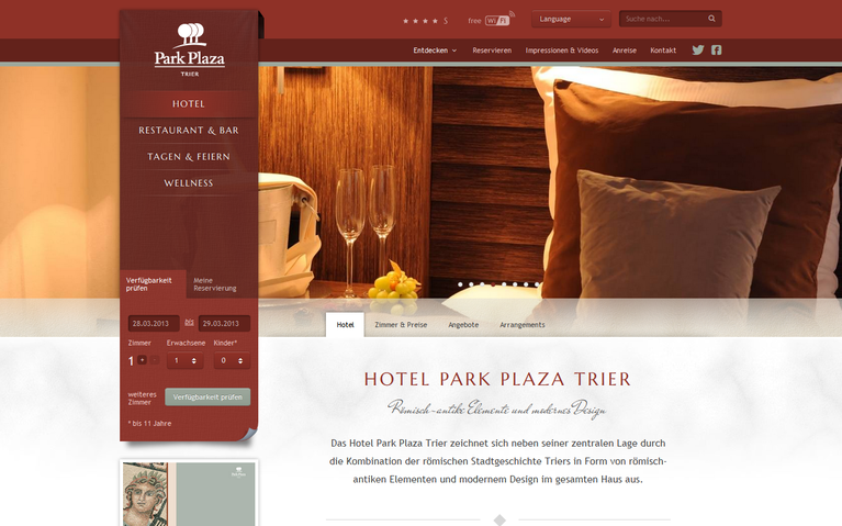 Screenshot der Startseite des Park Plaza Hotels 