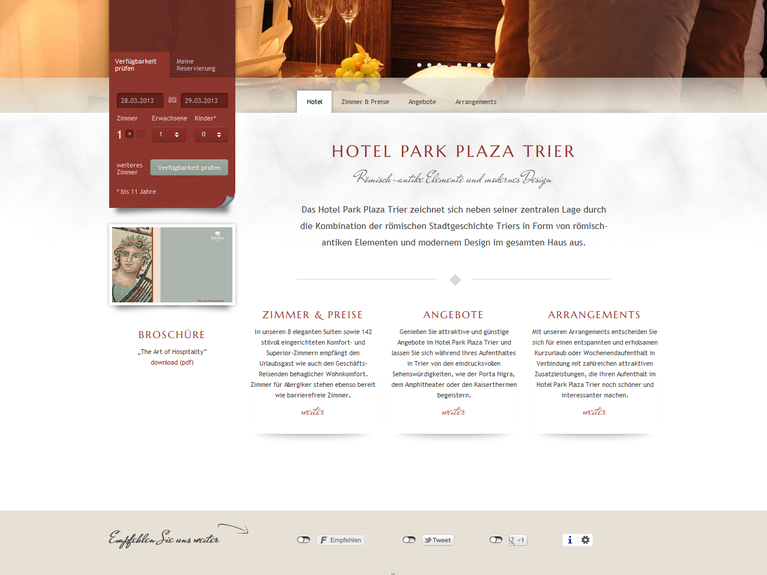 Screenshot der Startseite des Park Plaza Hotels 